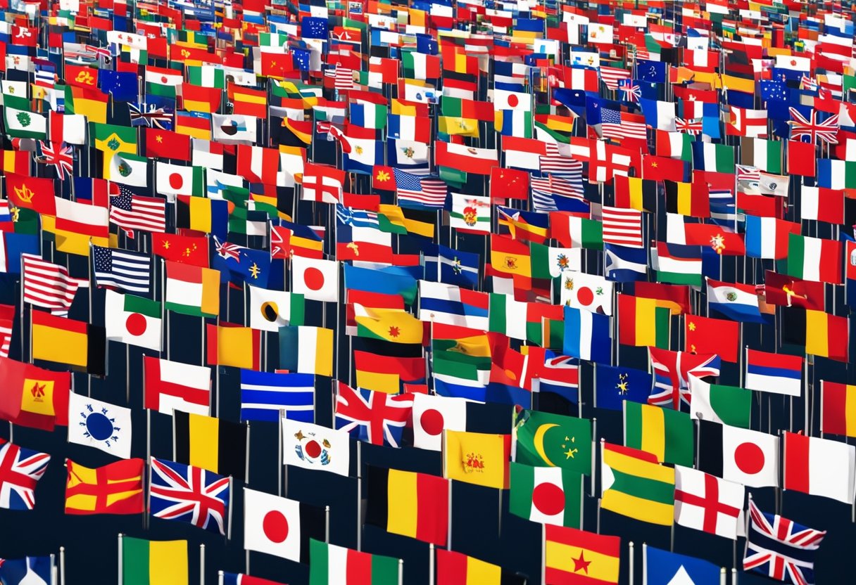 A colorful array of international flags fluttering in the breeze, representing the diverse origins of the free nude cam girls