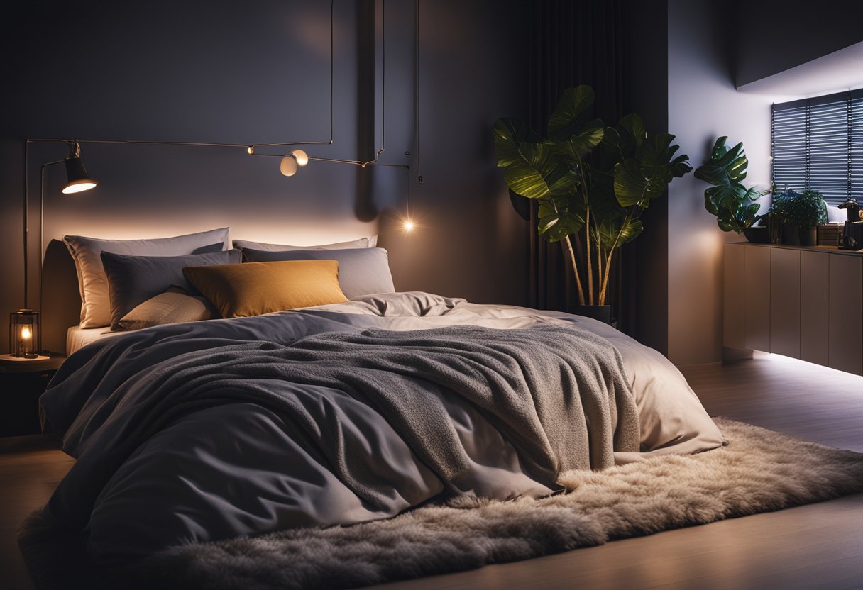 A sultry bedroom with dim lighting, a computer screen casting a warm glow, and plush bedding